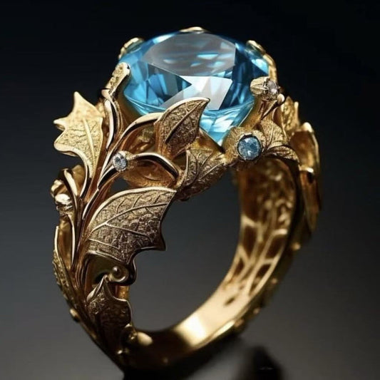 Women's Gold-Plated Ring With Alloy Inlay And Lake-Blue Center Stone