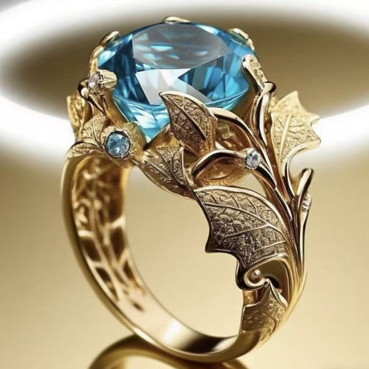 Women's Gold-Plated Ring With Alloy Inlay And Lake-Blue Center Stone